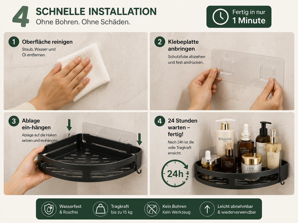 Duschablage ohne Bohren – Selbstklebendes Badregal in Mattschwarz